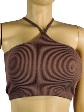 Brown Ribbed Halter Crop Top